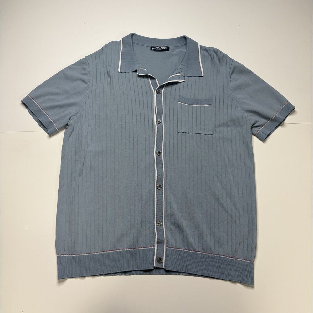 PJ Paul Jones Light Blue Knit Button Up Mens XL Short Sleeve Collar Streetwear